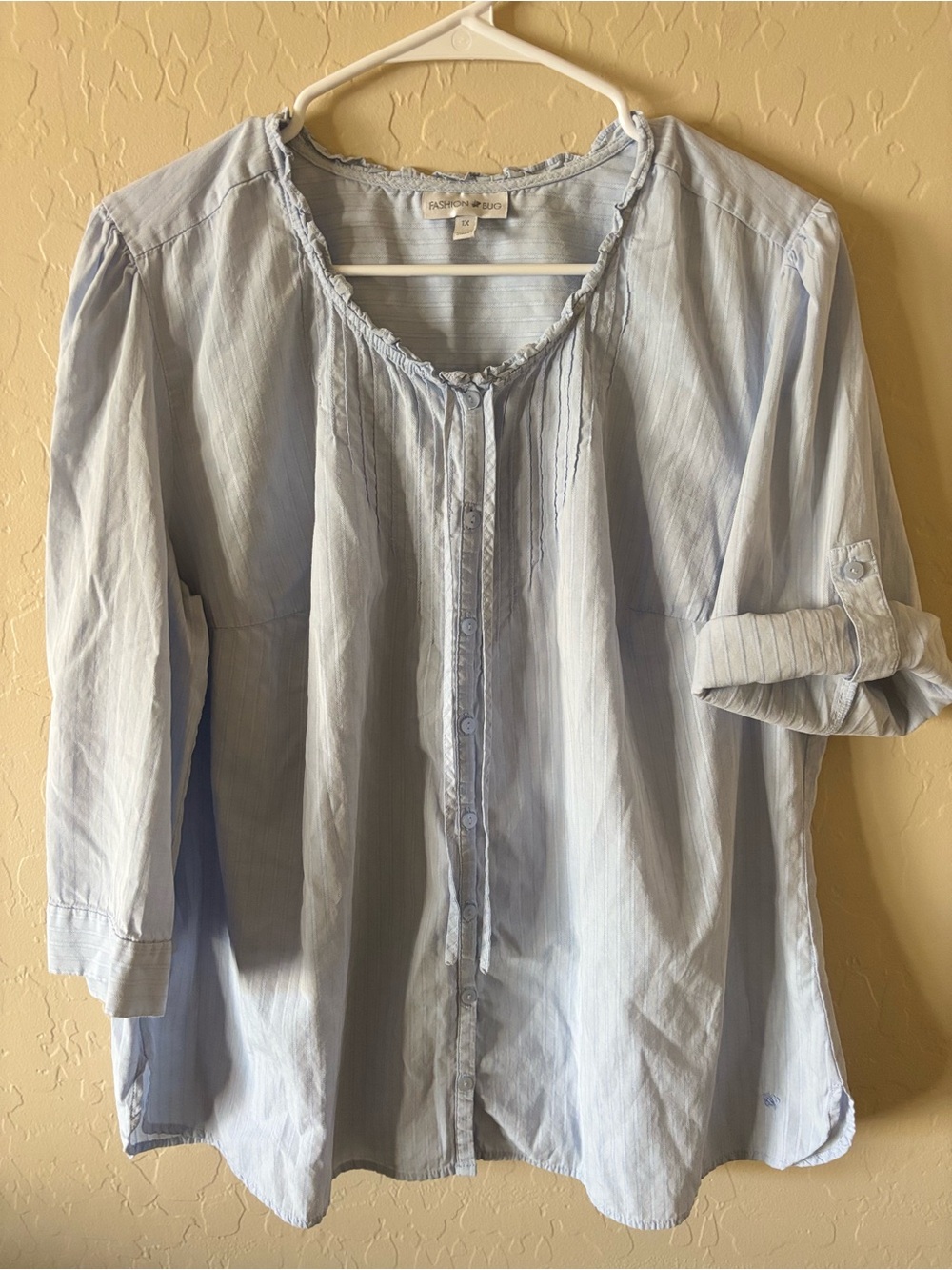 Fashion Bug Light Blue Striped Button-Down Peasant Top 100% Cotton